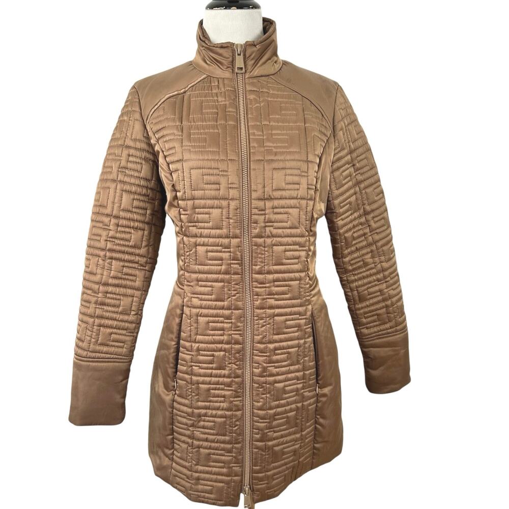 GUESS Womens M Quilted Monogram G Longline Puffer Coat Brown Zip Jacket
